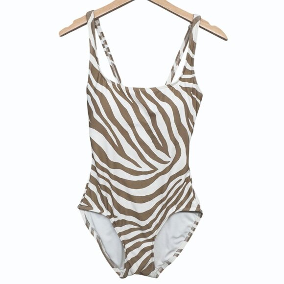 Michael Kors Womens 6 Tan Zebra Print 1 Piece Swimsuit Ladder Back Design - Picture 2 of 16